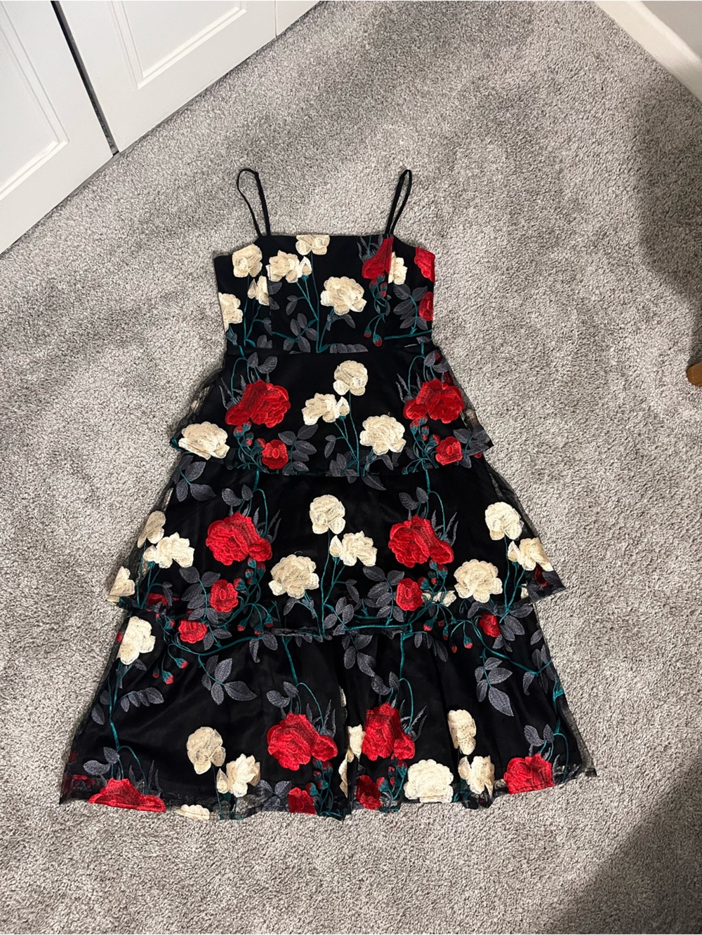 Black Floral Embroidered Midi Dress with Red & Cream Roses